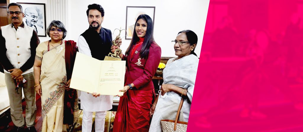 Fencer Bhavani Devi receives her Arjuna Award from sports minister